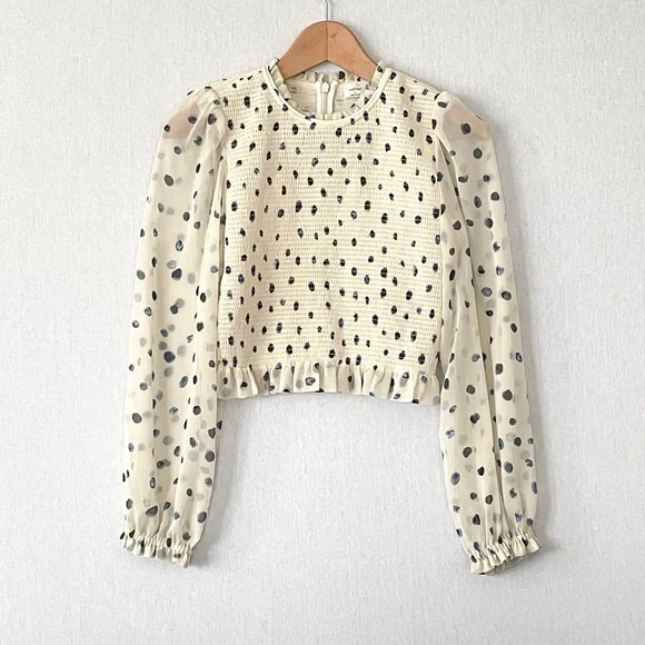 Aritzia Cream Blouson Sleeve Smocked Top with Navy Dot Print - Picture 3 of 10